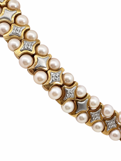 Vintage 18K Yellow Gold Pearl & Diamond Collar Necklace – Double Row Pearls