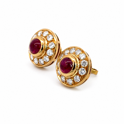 Vintage 18K Gold Cabochon Ruby & Diamond Halo Earrings