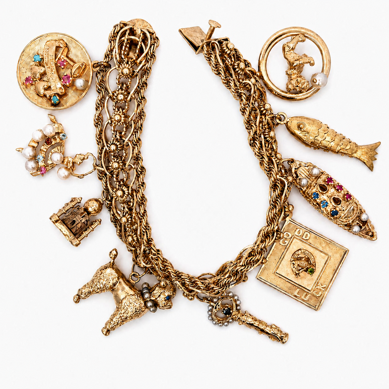Vintage 14K Yellow Gold Story Charm Bracelet with Nine Gemstone & Pearl Charms