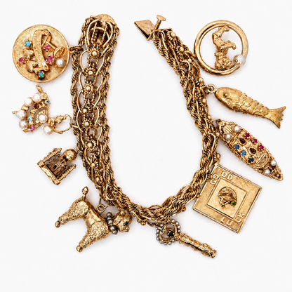 Vintage 14K Yellow Gold Story Charm Bracelet with Nine Gemstone & Pearl Charms
