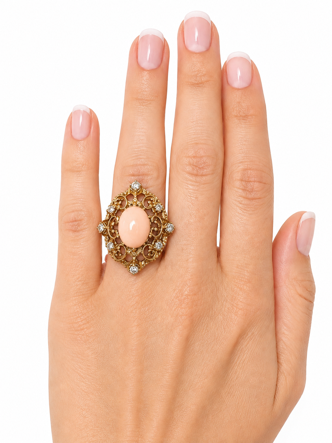 18K Yellow Gold Vintage Coral & Diamond Lacework Statement Ring