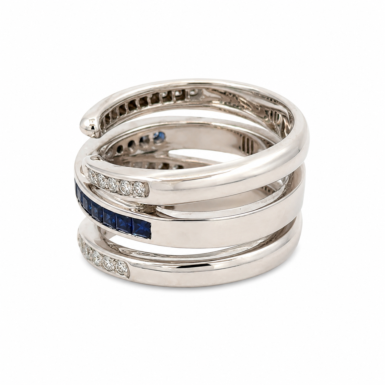18K White Gold Diamond & Sapphire Wide Ribbon Ring