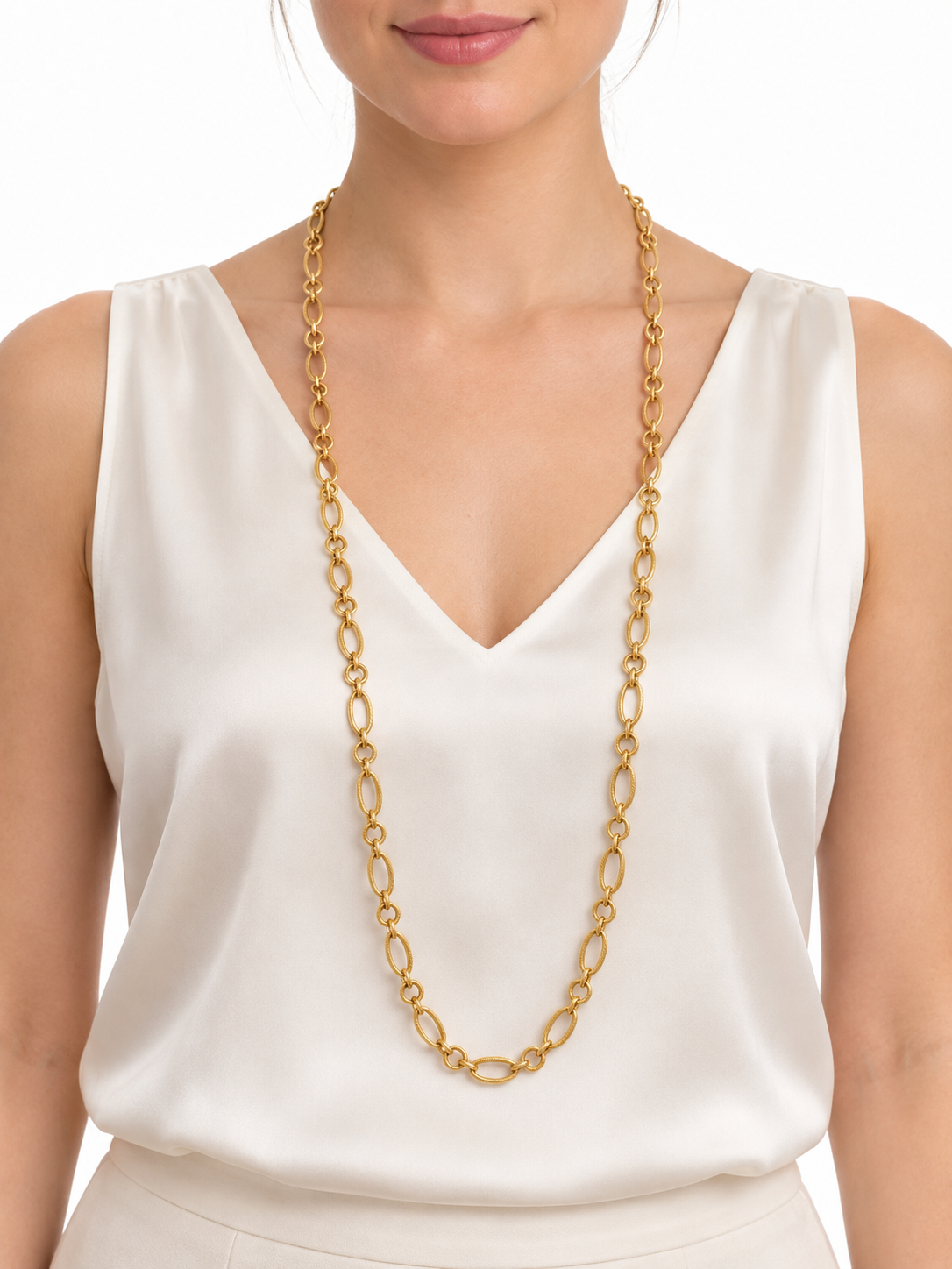 Vintage 1950s 18K Yellow Gold Textured Round & Oval Link Necklace — 40″ Long or Doubled