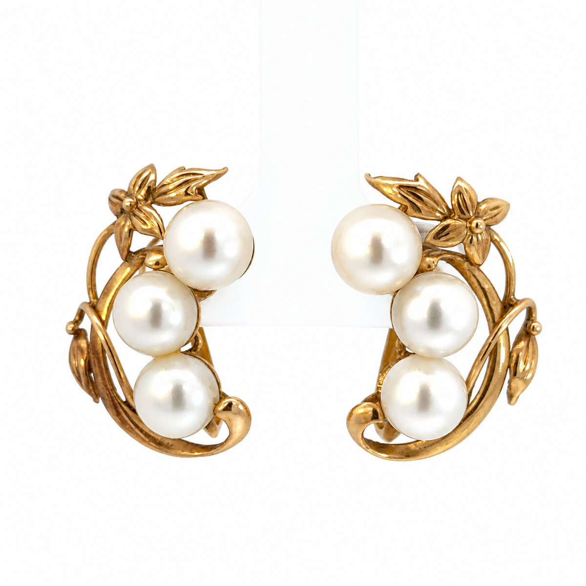 Vintage 14K Yellow Gold Six-Pearl Floral Vine Earrings