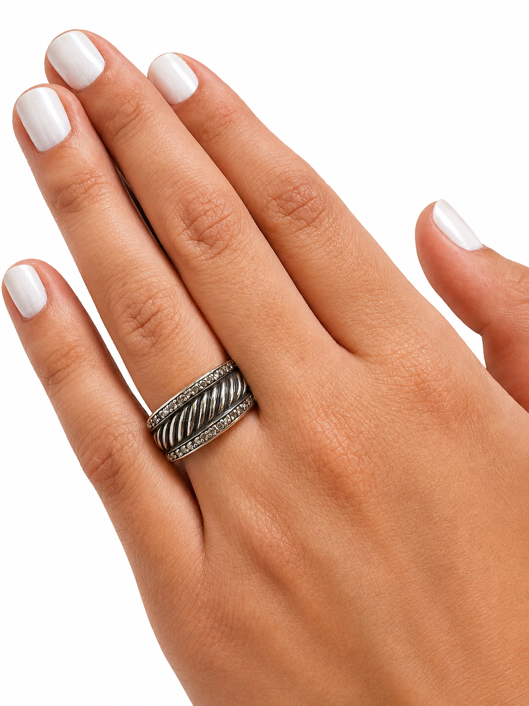 David Yurman Cable Band Ring Sterling Silver Pavé Diamonds Size 6.5