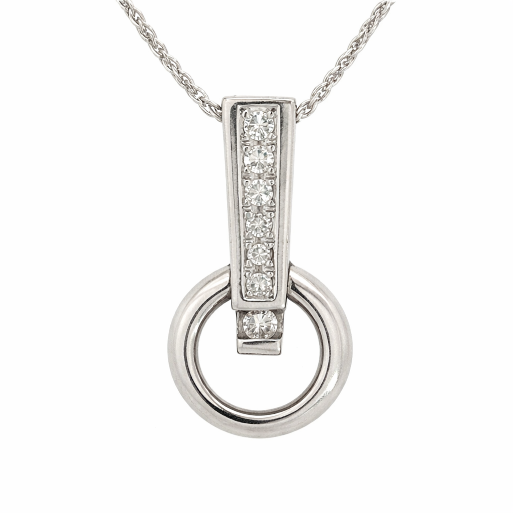 14K White Gold Diamond Bar & Circle Pendant Necklace