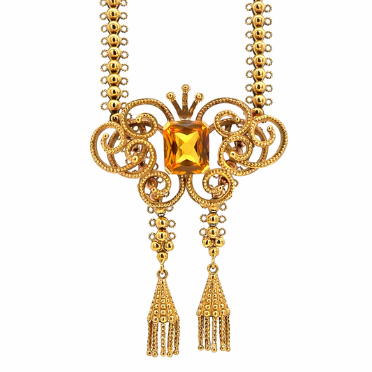18K Yellow Gold Retro Citrine Tassel Necklace – Ornate Filigree Design
