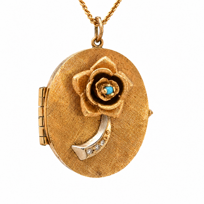 14K Yellow Gold Rose Locket Pendant with Turquoise & Diamond Accent