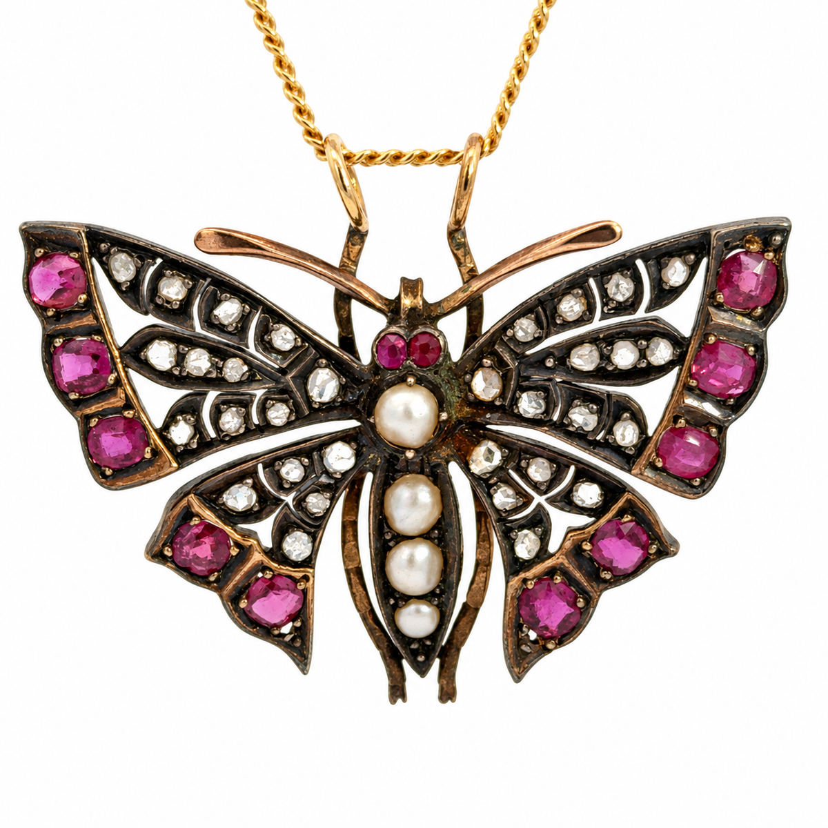 Vintage Yellow Gold Ruby, Diamond & Pearl Butterfly Pendant – Victorian Style