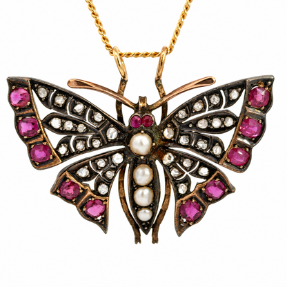 Vintage Yellow Gold Ruby, Diamond & Pearl Butterfly Pendant – Victorian Style