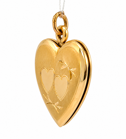 14K Yellow Gold Heart Locket Pendant Engraved Double Hearts