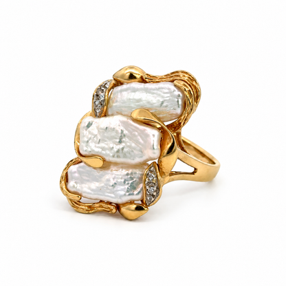 Vintage 14K Yellow Gold Baroque Freshwater Pearl & Diamond Statement Ring