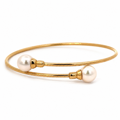 18K Yellow Gold Flexible Pearl Bypass Bangle