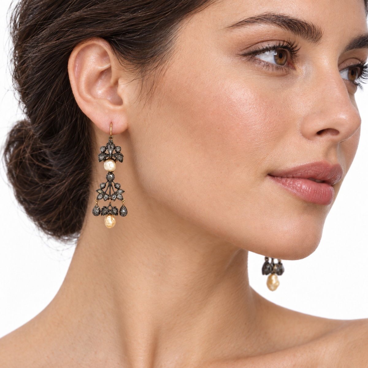 Antique 19th-Century Rose-Cut Diamond & Baroque Pearl Girandole Earrings
