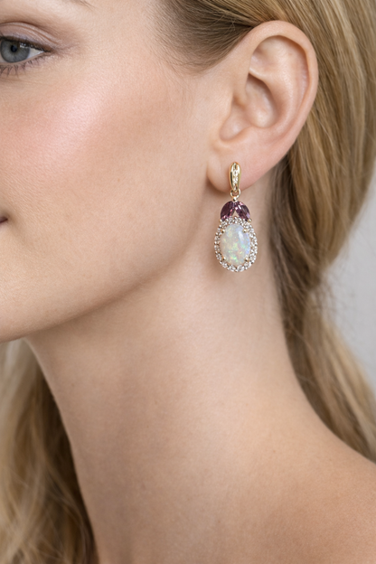 14K Two-Tone Gold Opal, Diamond & Pink Tourmaline Drop Earrings