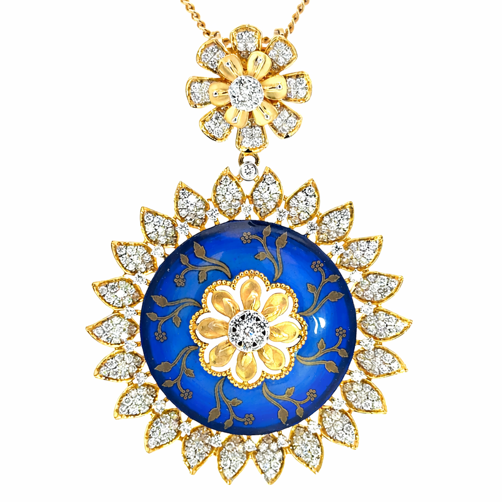 Luxury 14K Yellow Gold Diamond & Blue Enamel Statement Pendant