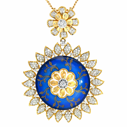 Luxury 14K Yellow Gold Diamond & Blue Enamel Statement Pendant