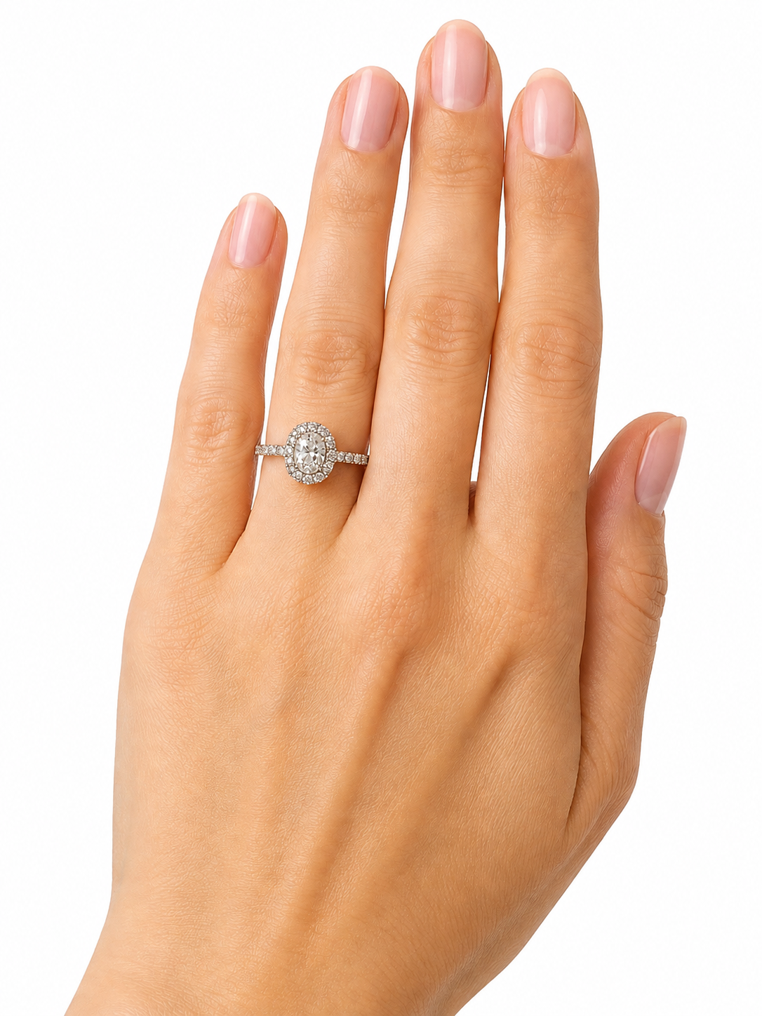 14K White Gold Lab-Grown Oval Diamond Halo Ring with Leaf Detail