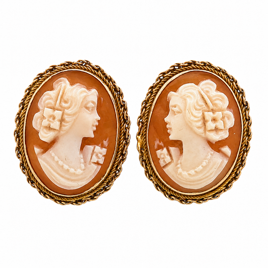 Vintage Italian Style Cameo Earrings in 14K Gold