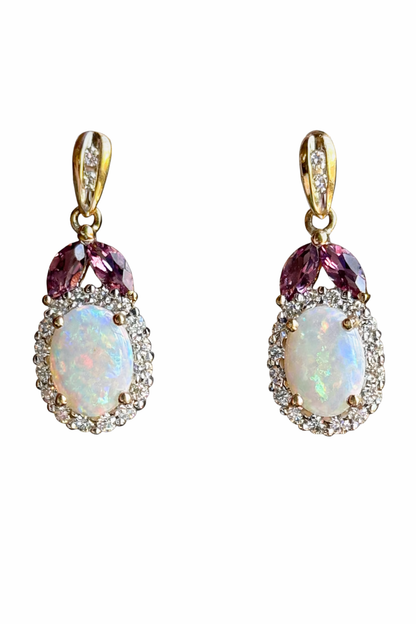14K Two-Tone Gold Opal, Diamond & Pink Tourmaline Drop Earrings