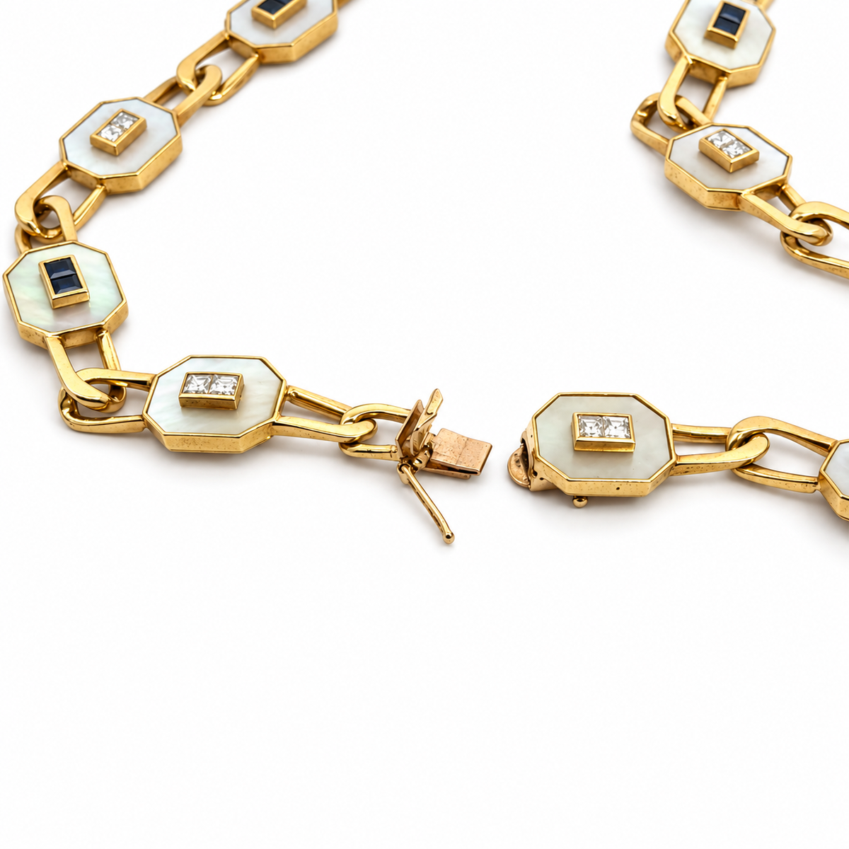 14K Yellow Gold Mother-of-Pearl, Diamond & Sapphire Convertible Necklace — Long Strand, Double Strand or Two Separate Necklaces