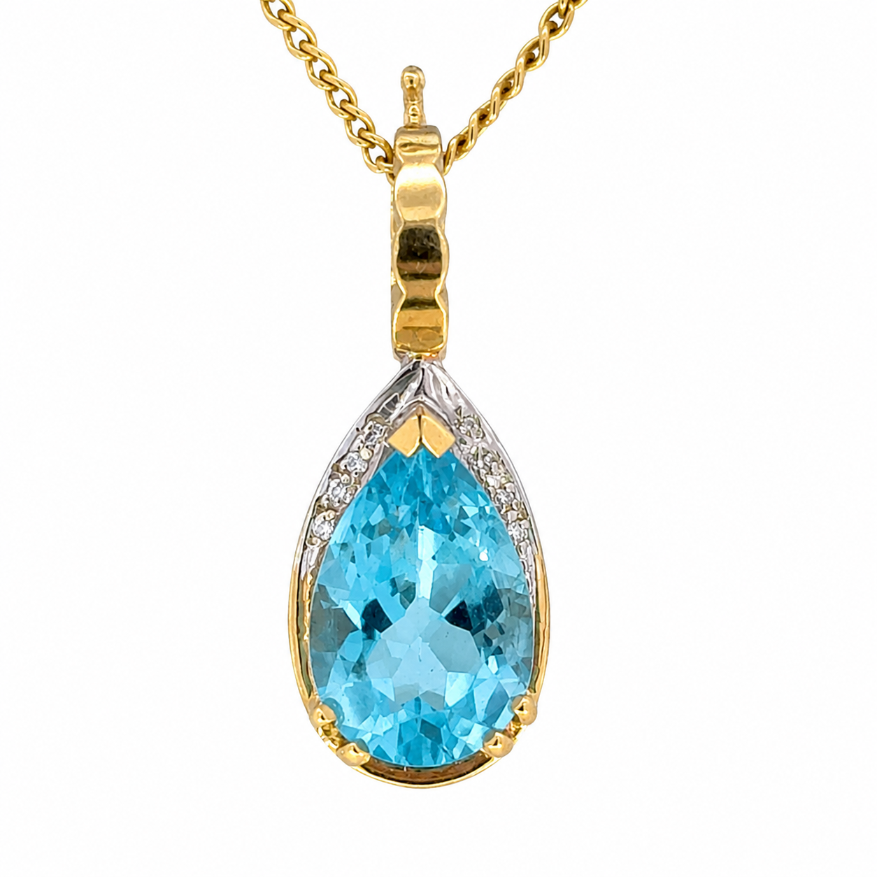 14K Gold Blue Topaz Pear Pendant with Diamond Accents Enhancer