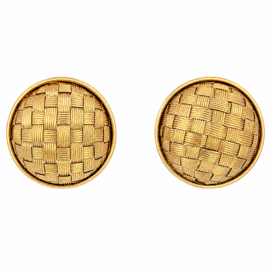 14K Yellow Gold Italian Basket Weave Domed Earrings