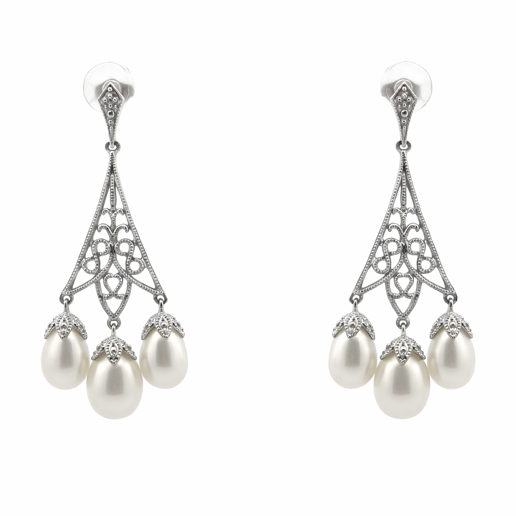 White Gold Three Pearl Filigree Drop Earrings