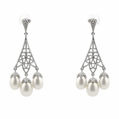 White Gold Three Pearl Filigree Drop Earrings