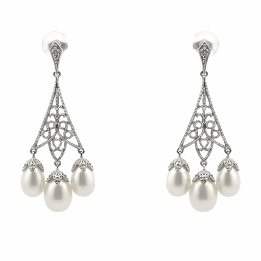 White Gold Three Pearl Filigree Drop Earrings