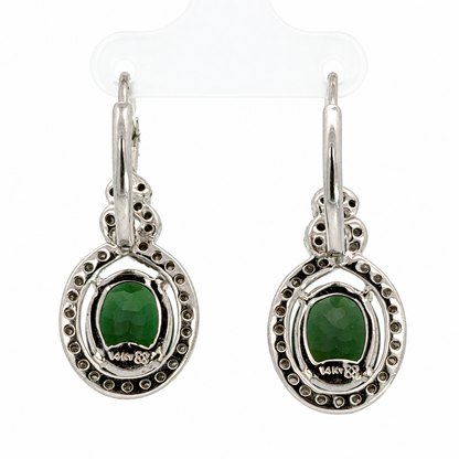 14K White Gold Deep Green Garnet & Diamond Halo Drop Earrings