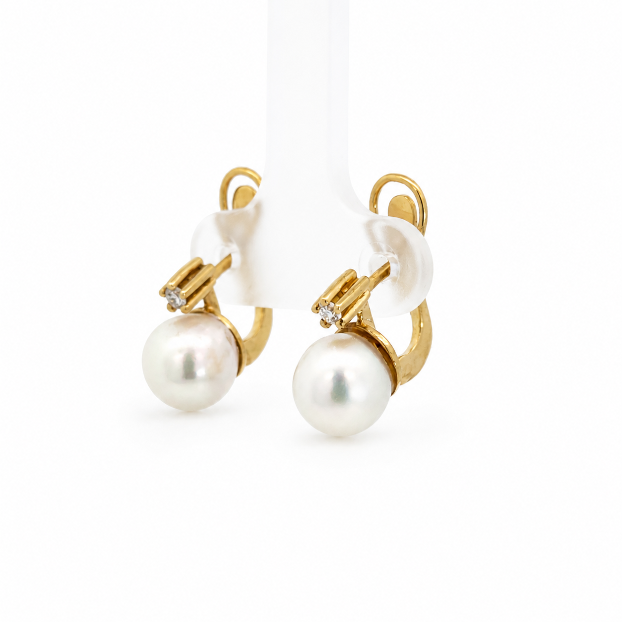 18K Yellow Gold Pearl & Diamond Lever-Back Earrings