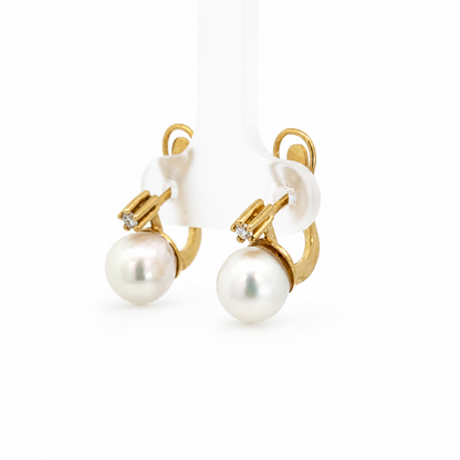 18K Yellow Gold Pearl & Diamond Lever-Back Earrings