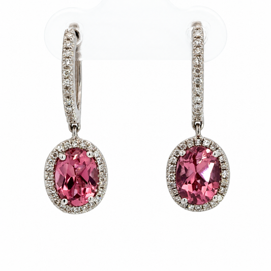 14K White Gold Pink Garnet & Diamond Halo Drop Earrings