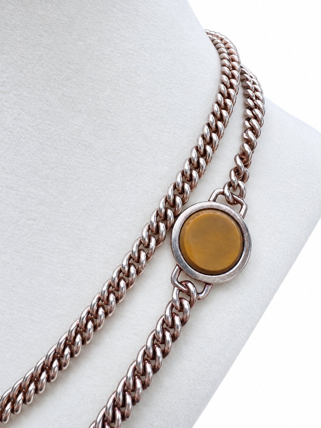 Vintage Hermès Silver Tiger’s Eye & Onyx 38” Sautoir Necklace with Original Box