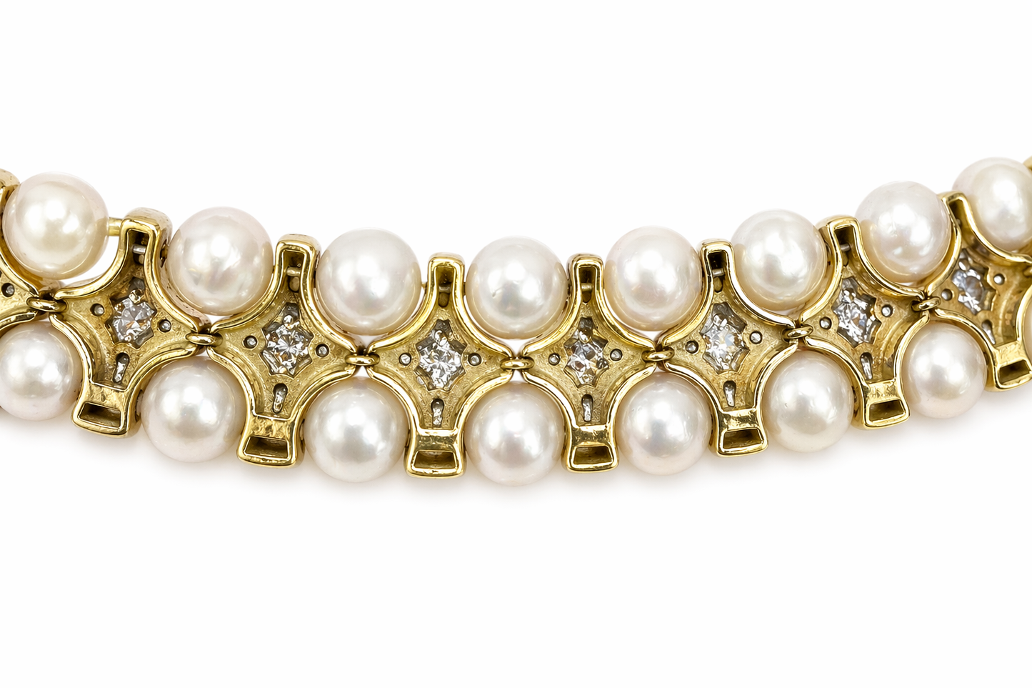 Vintage 18K Yellow Gold Pearl & Diamond Collar Necklace – Double Row Pearls