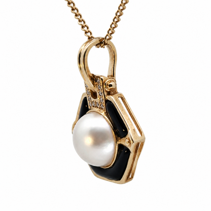 14K Yellow Gold Vintage Pearl, Onyx & Diamond Pendant