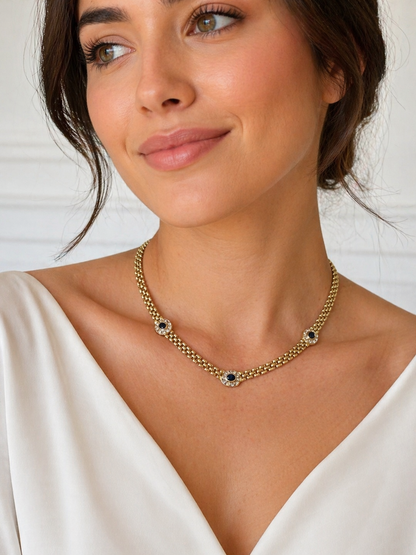 Vintage     18K Yellow Gold Sapphire Diamond Necklace – Flexible Link Chain
