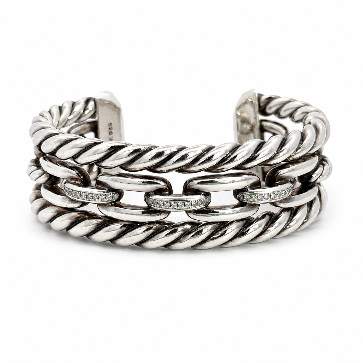 David Yurman Wellesley Link Collection Three-Row Sterling Silver Diamond Wide Cuff Bangle