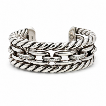 David Yurman Wellesley Link Collection Three-Row Sterling Silver Diamond Wide Cuff Bangle