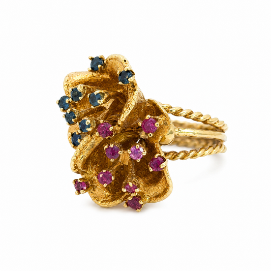 1960’s     Vintage 14K Gold Ruby & Sapphire Double Bloom Ring
