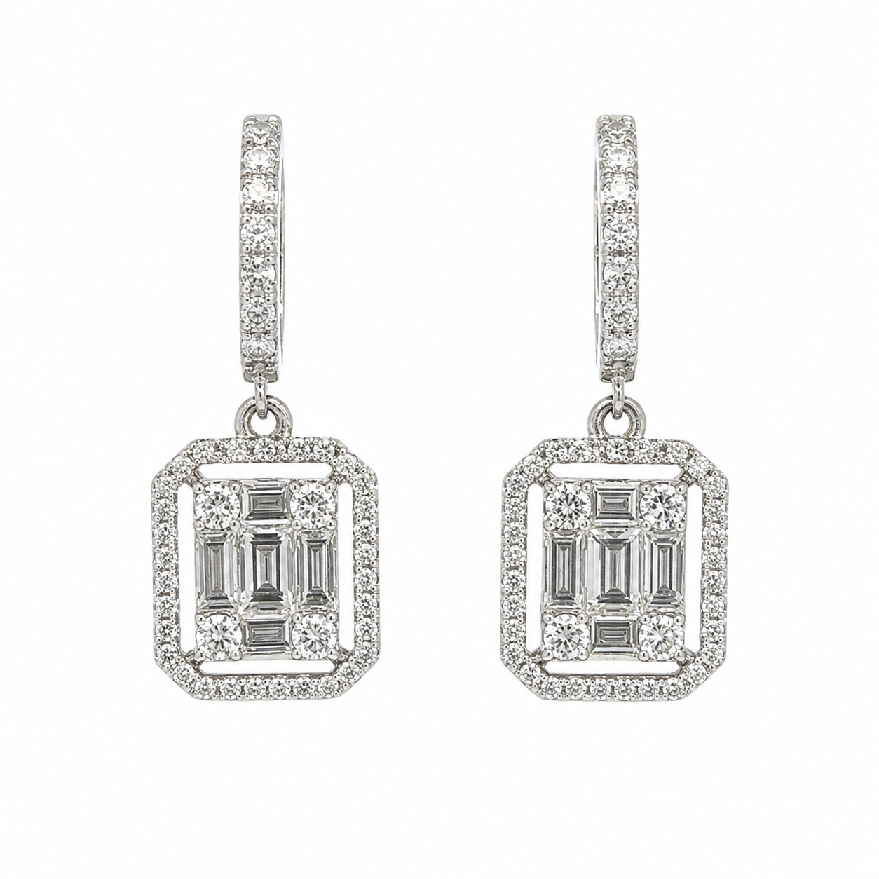 18K White Gold Diamond Dangle Earrings Geometric Halo Cluster