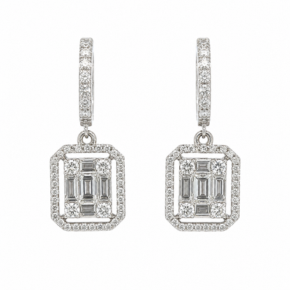 18K White Gold Diamond Dangle Earrings Geometric Halo Cluster