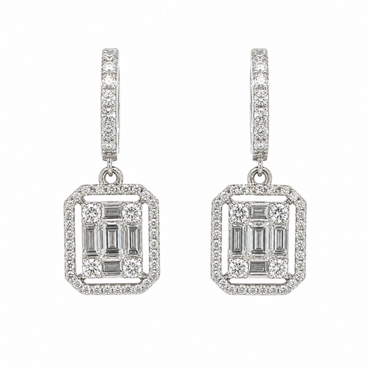 18K White Gold Diamond Dangle Earrings Geometric Halo Cluster