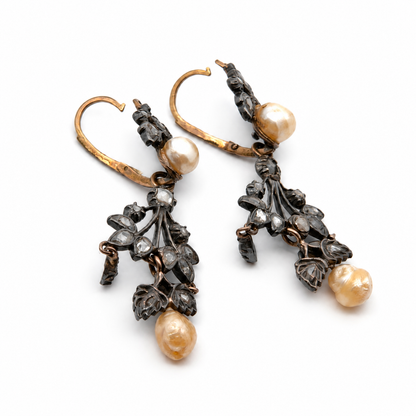 Antique 19th-Century Rose-Cut Diamond & Baroque Pearl Girandole Earrings