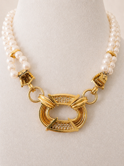 Vintage 1950's South Sea Pearl & Diamond Necklace in 18K Yellow Gold