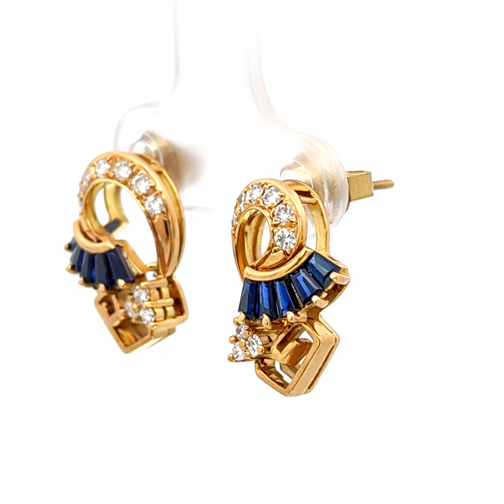 14K Gold Diamond and Sapphire Fan Drop Earrings