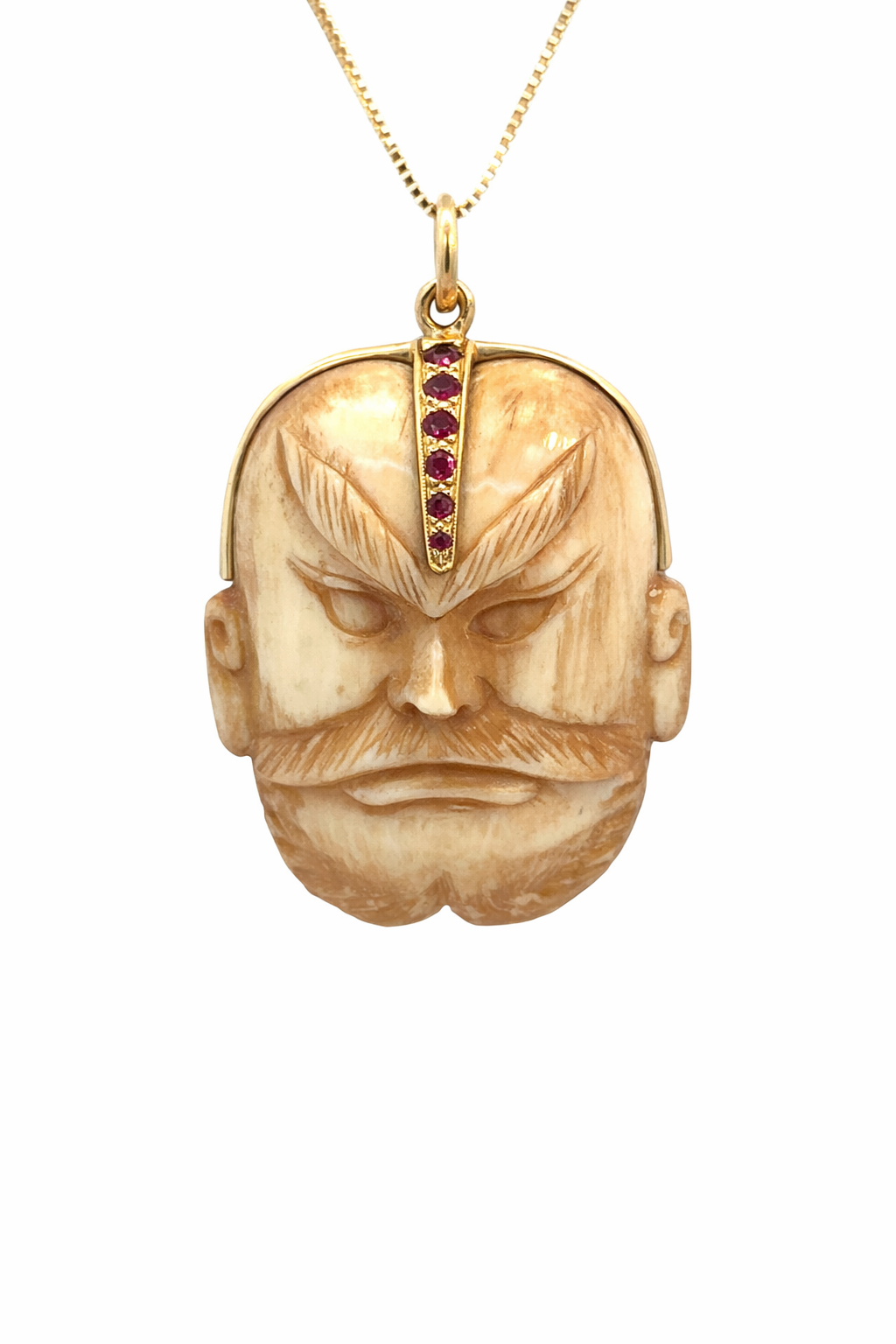 Carved Ivory Warrior Mask Pendant in 14K Gold with Rubies