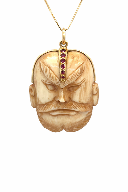 Carved Ivory Warrior Mask Pendant in 14K Gold with Rubies