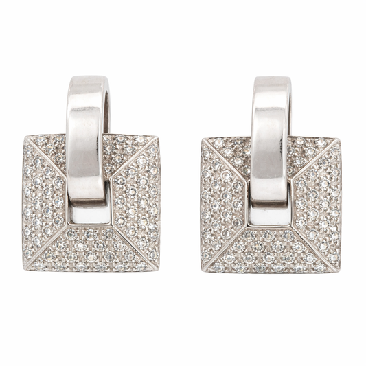 Geometric 18K White Gold Diamond Earrings, Clip-On Style